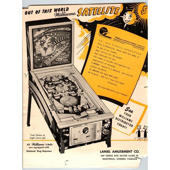 Satellite Pinball Flyer Original Vintage Woodrail Game Space Age Planets 1958